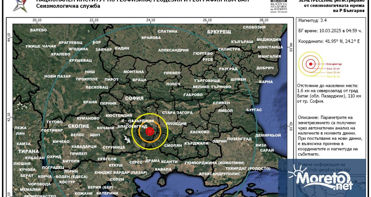 Земетресение с магнитуд 3 4 по Рихтер е регистрирано тази сутрин